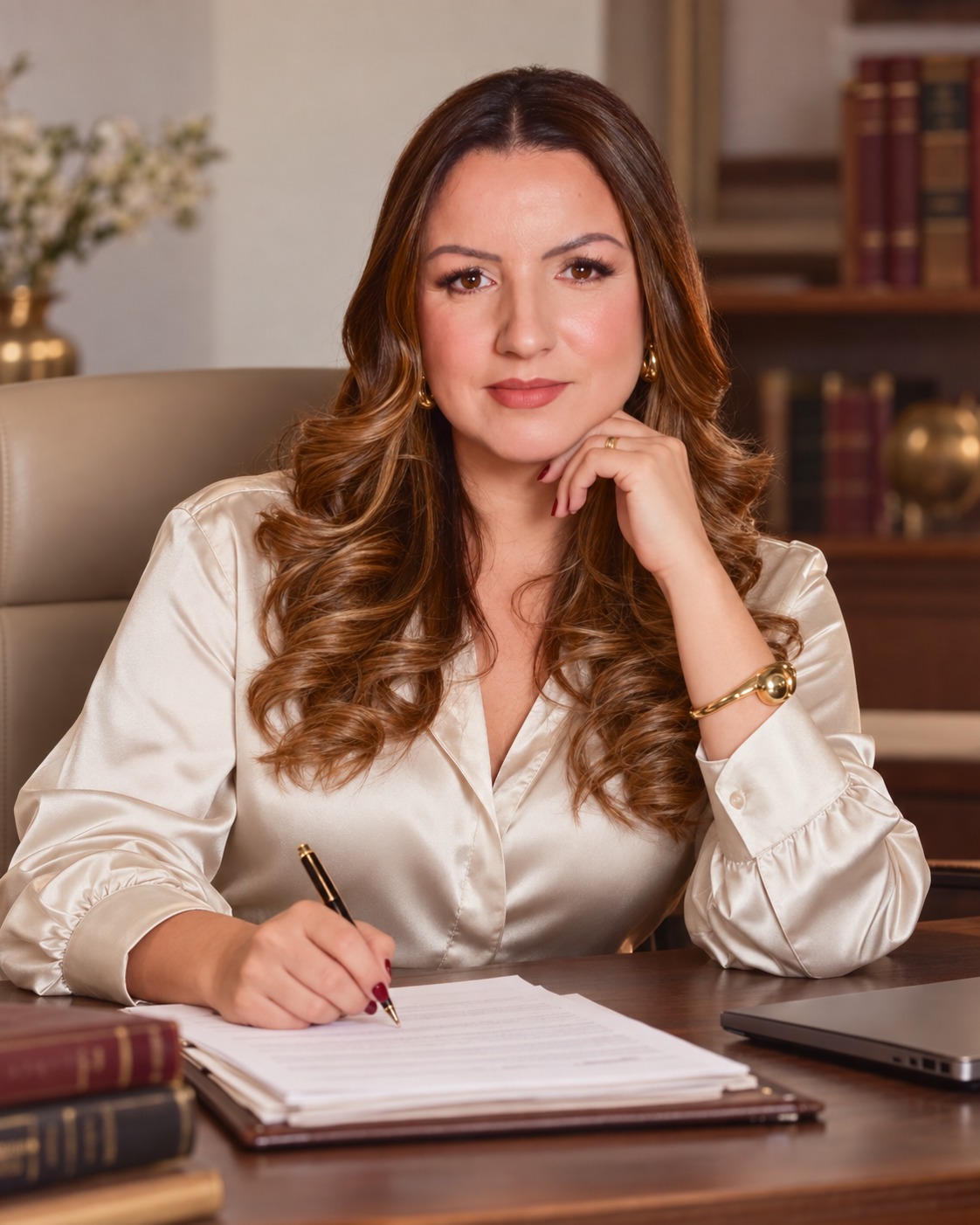 Dra. Nilma Alves assinando um documento no escritório